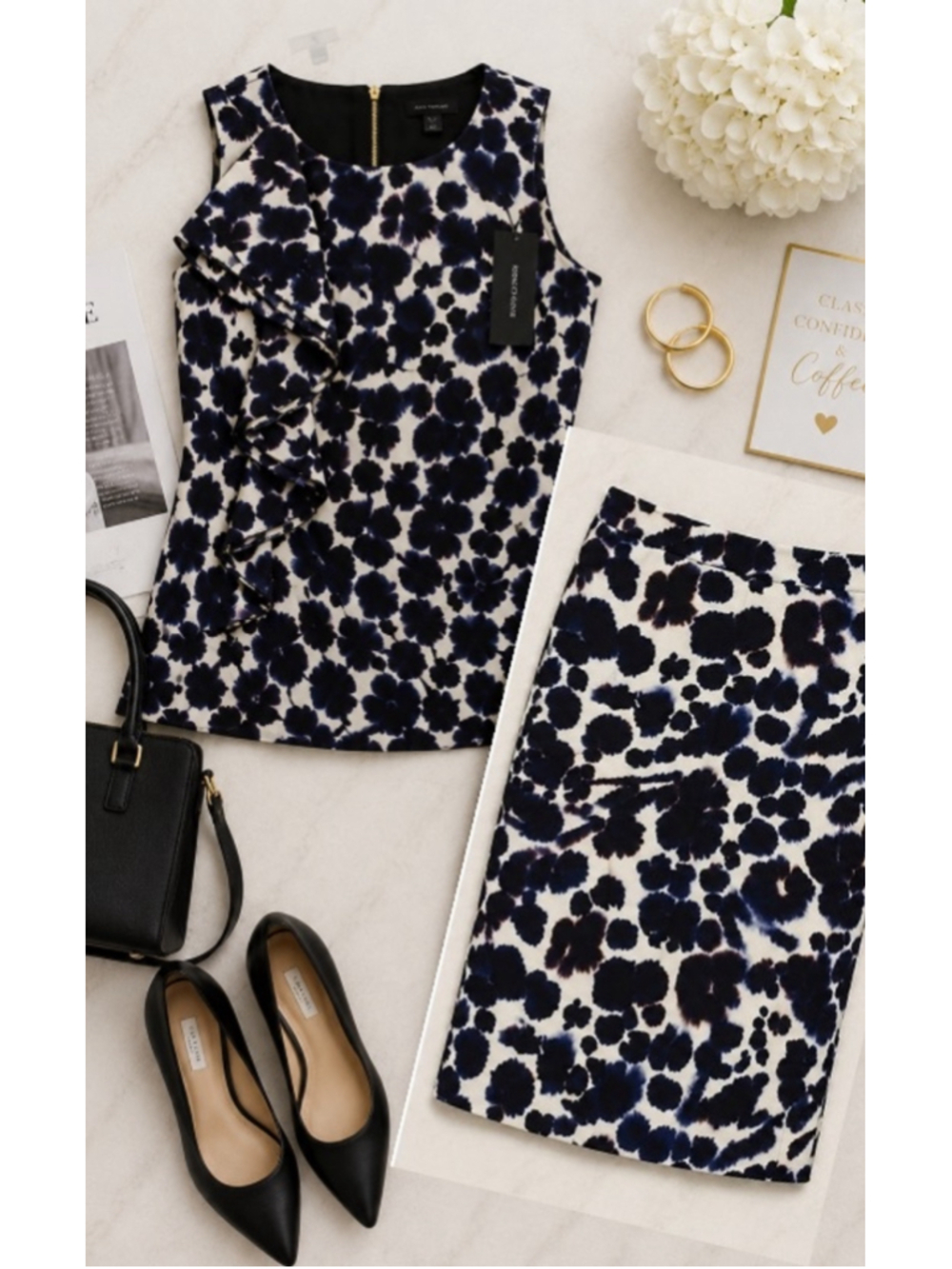 NEW Ann Taylor Petite 2-Piece Matching Set Ivory Abstract Floral Top & Pencil Sk